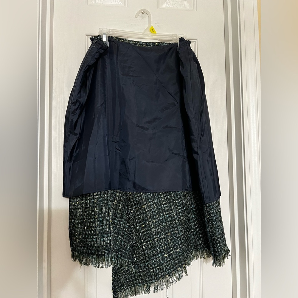 Navy, Green & Yellow Metallic Classic Tweed Asymmetrical Frayed Edge Skirt. - Picture 10 of 14
